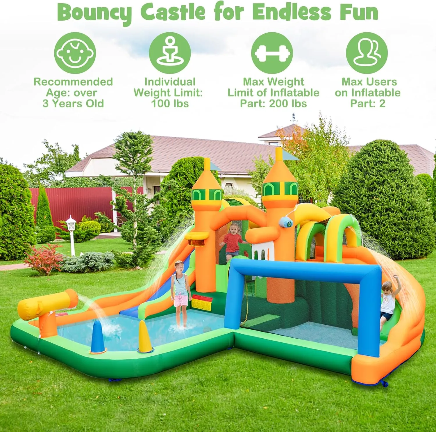 HONEY JOY Inflatable Water Slide, 9 in 1 Waterslide Bounce House Water Park w/Dual Slides, Splash Pool, Climb Wall, Soccer Gate, Water Slides Inflatables for Kids and Adults Backyard(Without Blower)