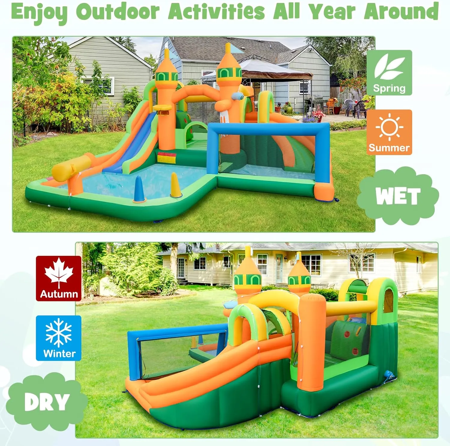 HONEY JOY Inflatable Water Slide, 9 in 1 Waterslide Bounce House Water Park w/Dual Slides, Splash Pool, Climb Wall, Soccer Gate, Water Slides Inflatables for Kids and Adults Backyard(Without Blower)