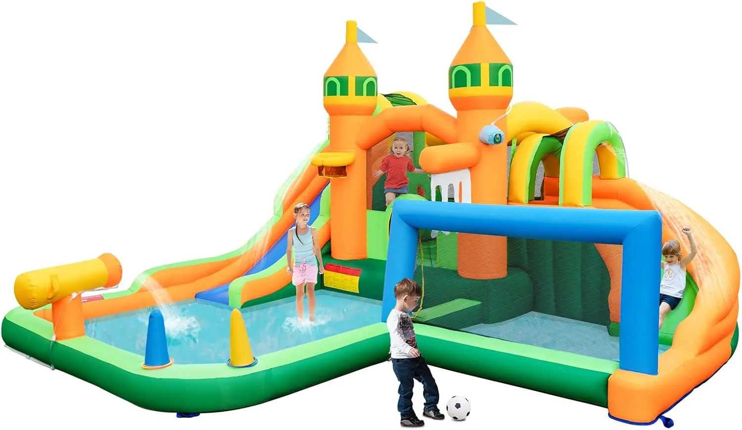 HONEY JOY Inflatable Water Slide, 9 in 1 Waterslide Bounce House Water Park w/Dual Slides, Splash Pool, Climb Wall, Soccer Gate, Water Slides Inflatables for Kids and Adults Backyard(Without Blower)