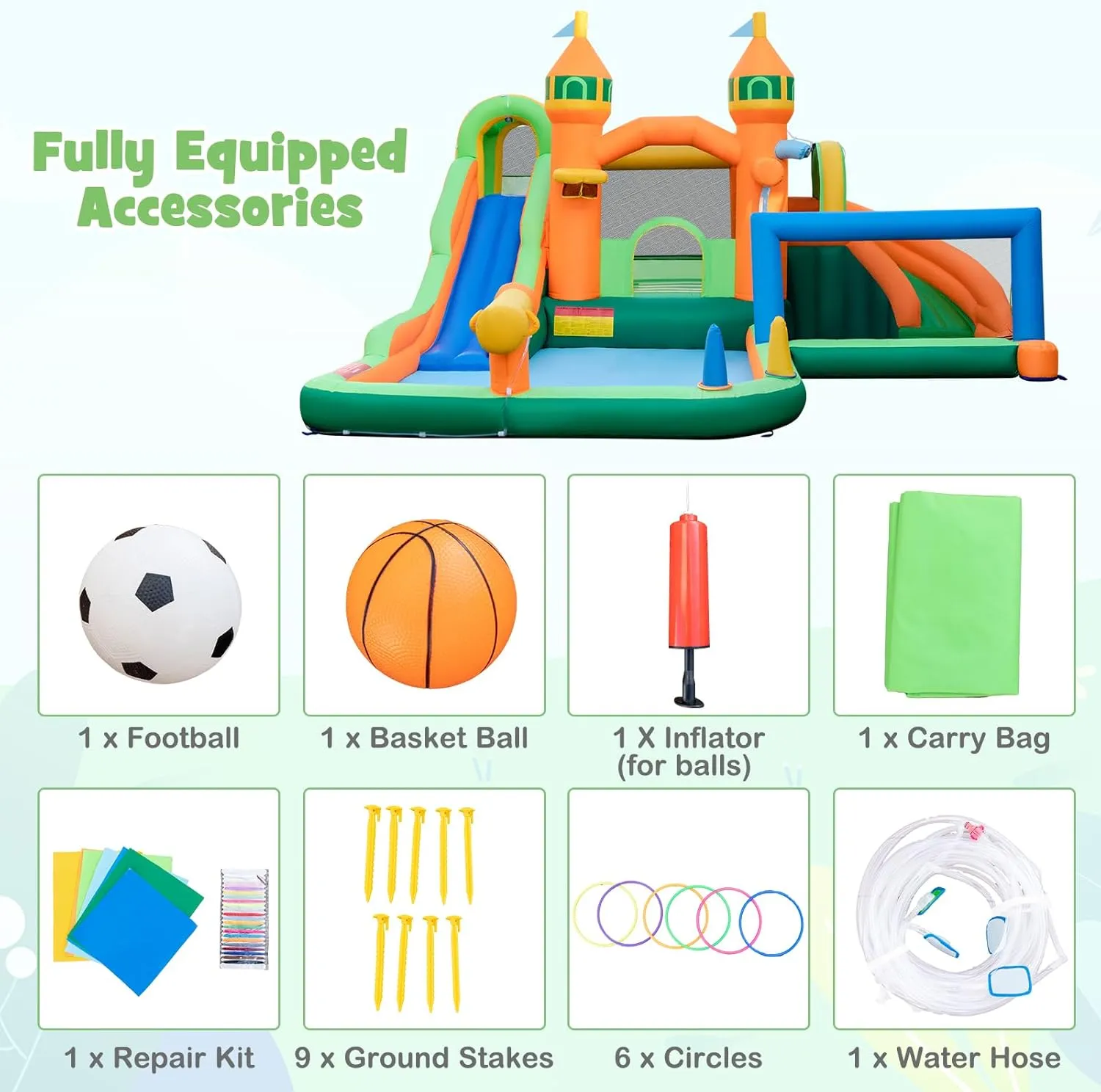 HONEY JOY Inflatable Water Slide, 9 in 1 Waterslide Bounce House Water Park w/Dual Slides, Splash Pool, Climb Wall, Soccer Gate, Water Slides Inflatables for Kids and Adults Backyard(Without Blower)
