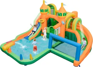 HONEY JOY Inflatable Water Slide, 9 in 1 Waterslide Bounce House Water Park w/Dual Slides, Splash Pool, Climb Wall, Soccer Gate, Water Slides Inflatables for Kids and Adults Backyard(Without Blower)