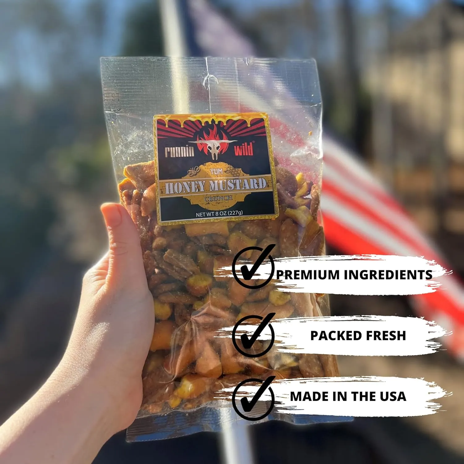 Honey Mustard Crunch Snack Mix | Honey Mustard & Onion Pretzel Pieces, Honey Roast Sesame Chips, Honey Mustard Sesame Sticks | Runnin' Wild Foods, 1.5 Pounds total (Box of 3 bags, 8oz each)