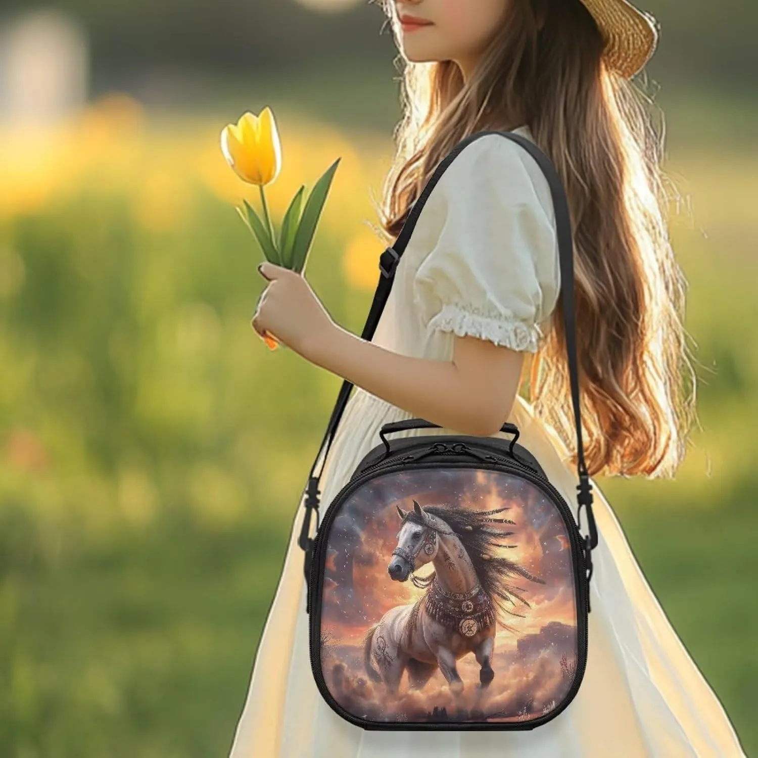 Horse Kids Lunch Box Insulated Soft Bag Mini Cooler Back to School Thermal Meal Tote Kit Food Containers with Detachable Handle & Adjustable Shoulder Strap Leakproof Lunch Bags