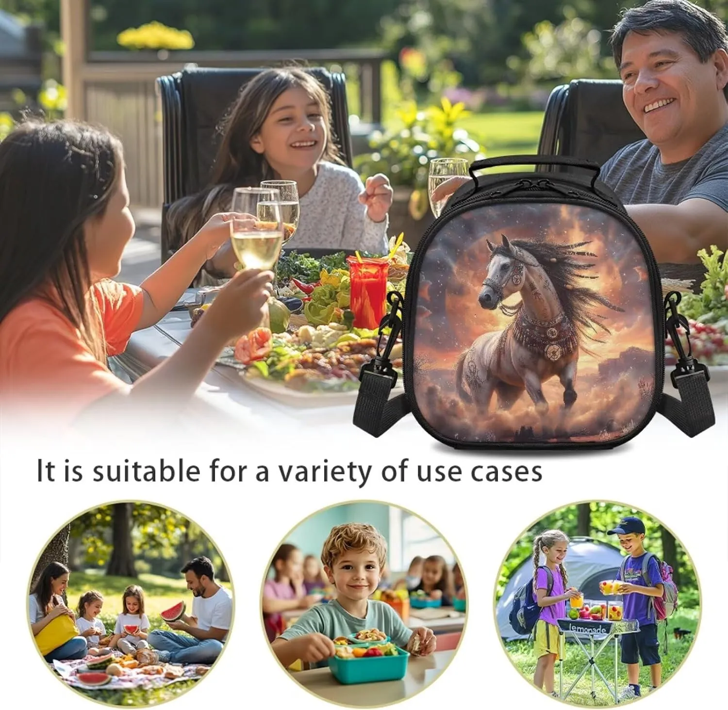 Horse Kids Lunch Box Insulated Soft Bag Mini Cooler Back to School Thermal Meal Tote Kit Food Containers with Detachable Handle & Adjustable Shoulder Strap Leakproof Lunch Bags