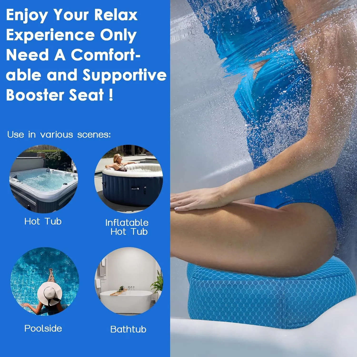 Hot Tub Booster Seat for Adults, 5 Inch Thick Supportive Cushion with Non-Slip Bottom, Weighted for Quick Sink Without Float, Spa Booster Seat for Hot Tub (Including Inflatable), Pool, Bathtub