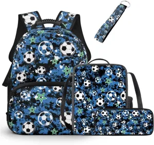 HUGS IDEA Camo Football Boys Backpack for School Kids 15 Inch Bookbag for Kindergarten Lightweight Backpack for Boys 4-6 Multifunctional School Bag with Lunchbox 4Pcs Book Bags Set