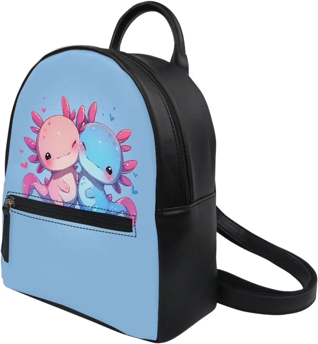 HUGS IDEA Cute Cartoon Axolotl Print Mini Backpack Purse for Women Teen Girls Cute Small Backpacks PU Leather Shoulder Bags
