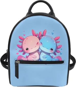 HUGS IDEA Cute Cartoon Axolotl Print Mini Backpack Purse for Women Teen Girls Cute Small Backpacks PU Leather Shoulder Bags
