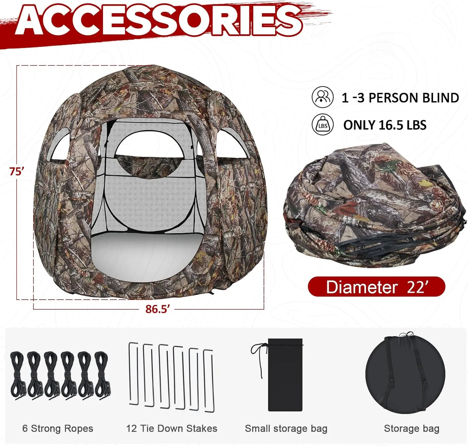 Hunting Blind 1-3 Person See Through Quick Set Pop up Ground Blinds for Deer Turkey Duck Hunting, Bow Hunting Adjust Windows with Silent Zipper