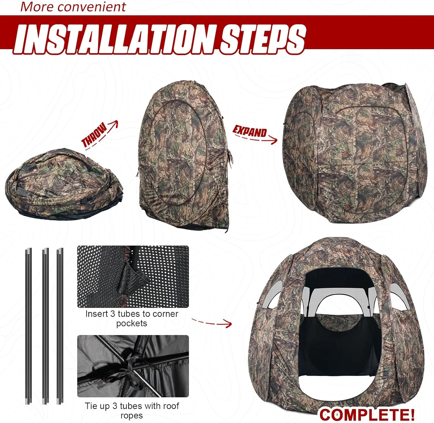 Hunting Blind 1-3 Person See Through Quick Set Pop up Ground Blinds for Deer Turkey Duck Hunting, Bow Hunting Adjust Windows with Silent Zipper