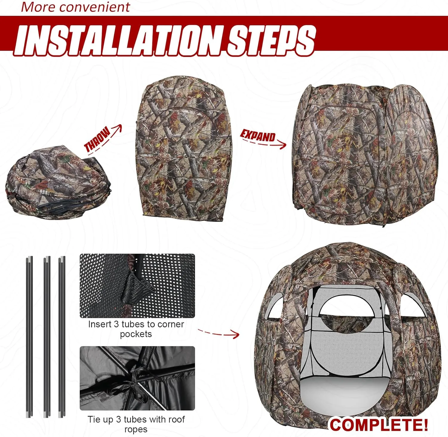Hunting Blind 1-3 Person See Through Quick Set Pop up Ground Blinds for Deer Turkey Duck Hunting, Bow Hunting Adjust Windows with Silent Zipper