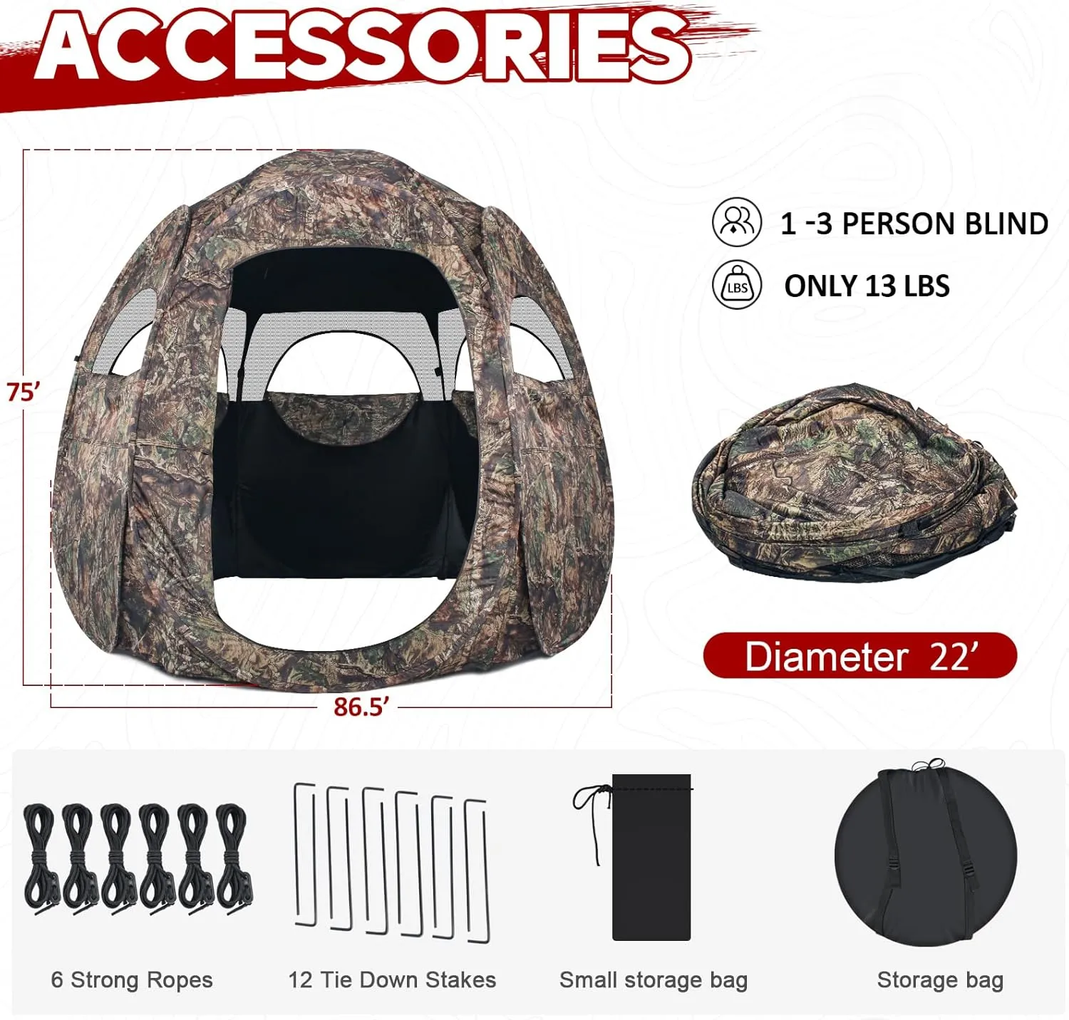 Hunting Blind 1-3 Person See Through Quick Set Pop up Ground Blinds for Deer Turkey Duck Hunting, Bow Hunting Adjust Windows with Silent Zipper