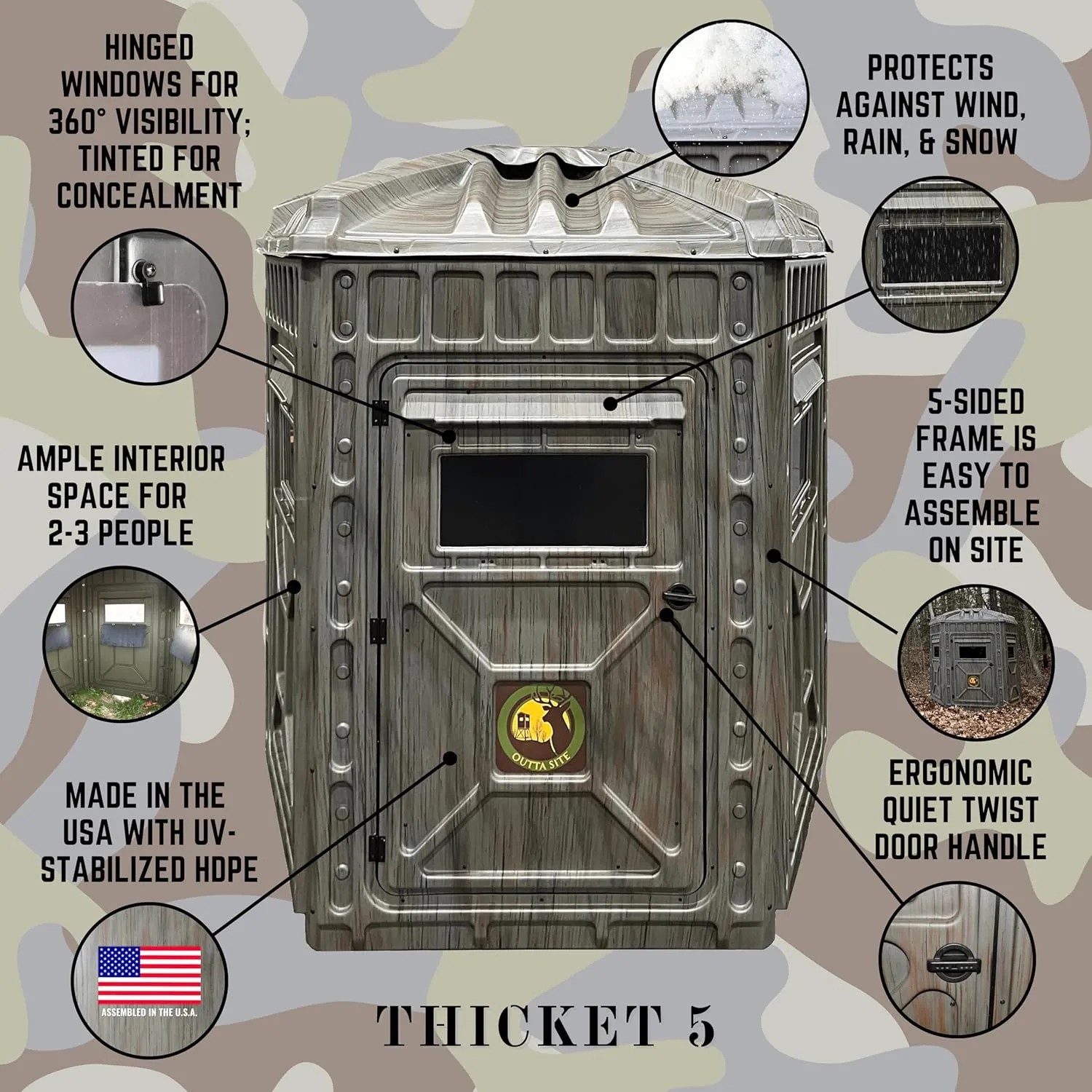 Hunting Blind – 4 & 5 Sided High Density Plastic Hunting Blind – 1-2 & 2-3 Person Hard-Sided Ground Blind for Deer, Turkey Hunting – 360 Views – Arctic Snow Camo, Habitat Olive, Thicket Oak