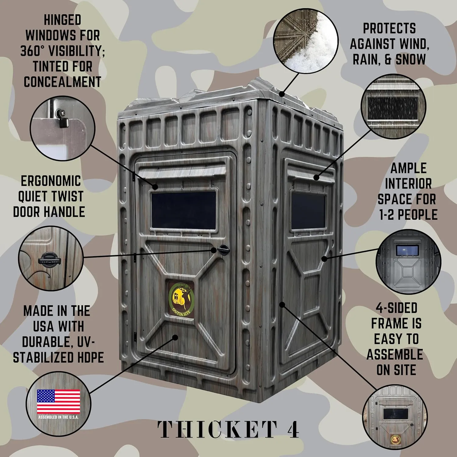 Hunting Blind – 4 & 5 Sided High Density Plastic Hunting Blind – 1-2 & 2-3 Person Hard-Sided Ground Blind for Deer, Turkey Hunting – 360 Views – Arctic Snow Camo, Habitat Olive, Thicket Oak