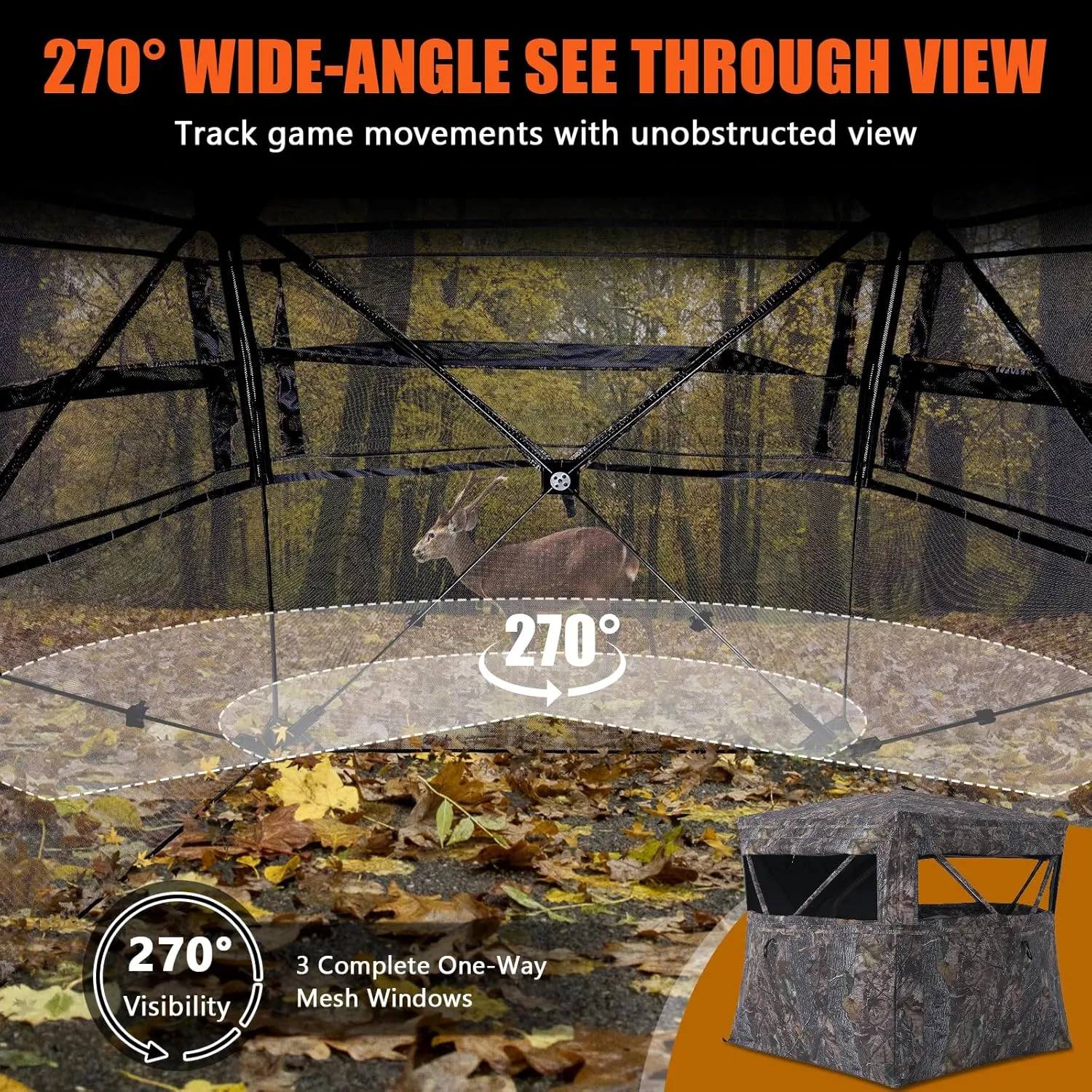 Hunting Blind See Through Ground Blind with Carrying Bag, 1-3 Person Pop Up Deer Blind 270 Degree, Portable Hunting Tent for Deer & Turkey Hunting