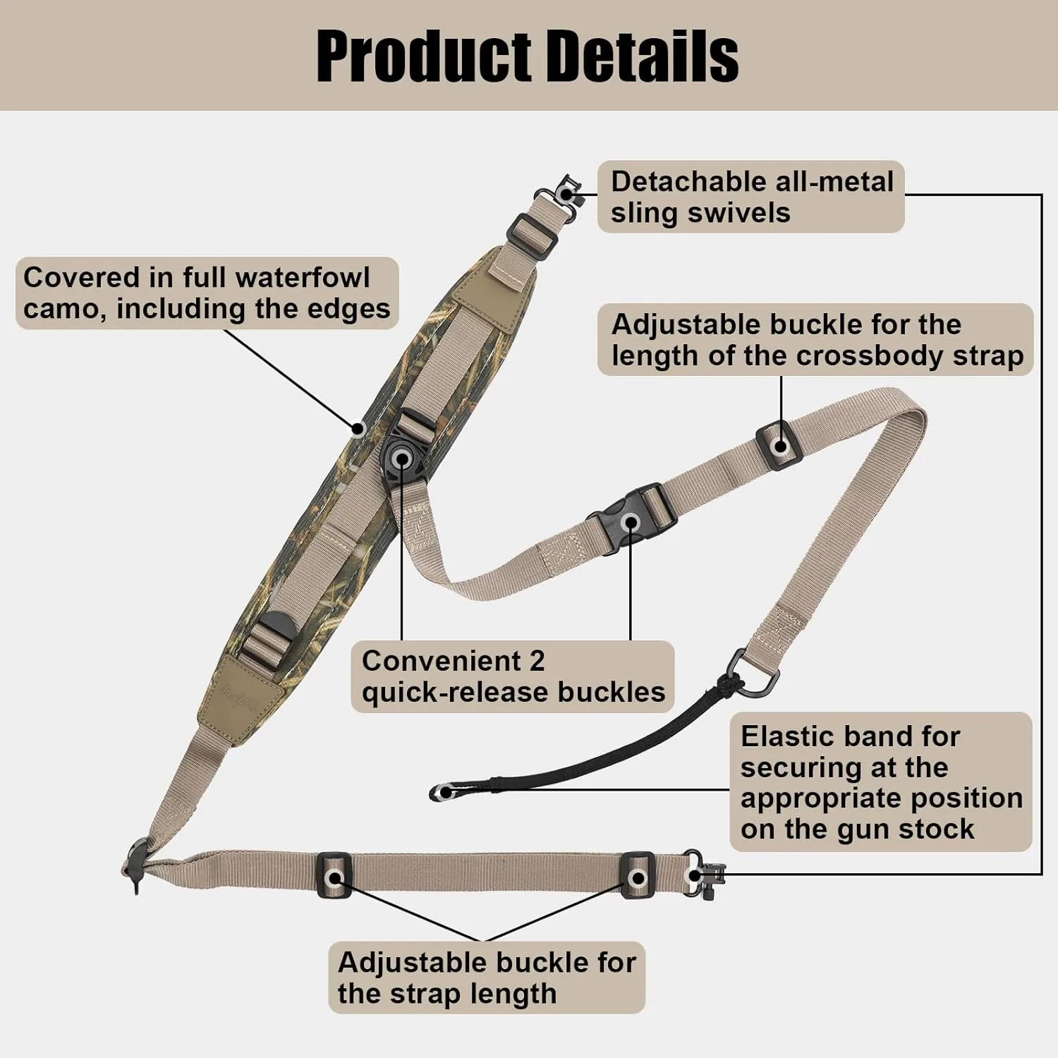 HUNTPAL Crossbody Style Hands-Free Gun Sling for Rifle Shotgun Crossbow, Comfortable Neoprene Padded Hunting Sling with Swivels, Universal Convenience Quick Adjustable Shoulder Strap
