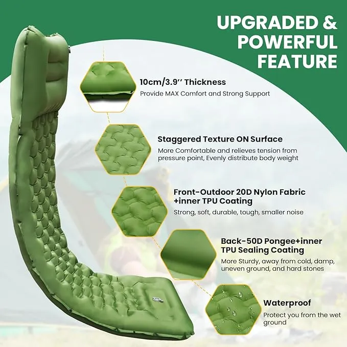 iNeibo Camping Sleeping Pad, Ultralight Inflating Camping Mattress with Pillow & Foot Pump, Ultra-Thick Enhanced Support, Sleeping Pad for Camping, Hiking Backpacking Tent Car Traveling