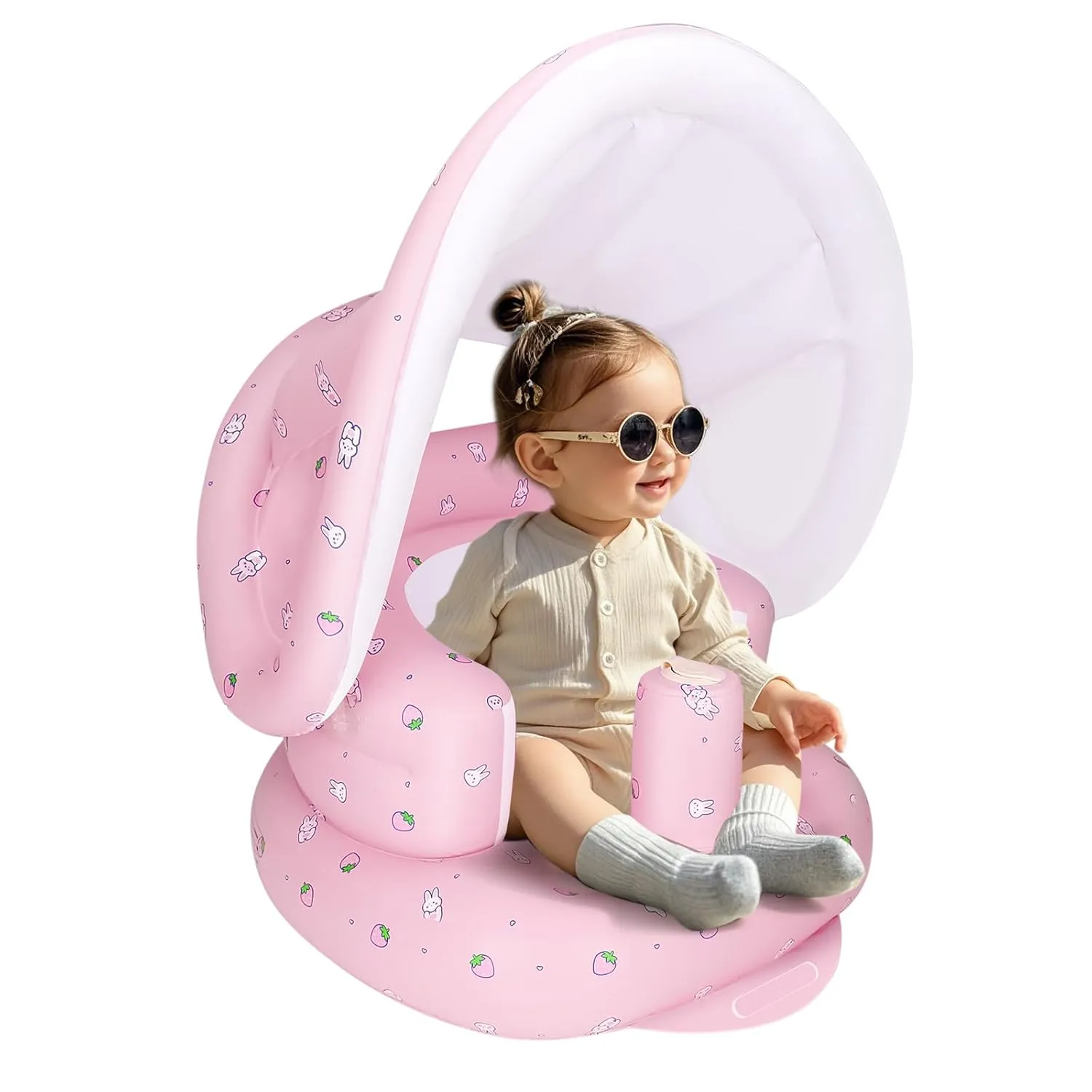 Inflatable Baby Seat with Detachable Canopy and Built-in Pump, Inflatable Baby Chair for Babies 3 Months and Up, Sit Me Up Chair for Outdoor Indoor, Bumbo Seat for Infants, Strawberry