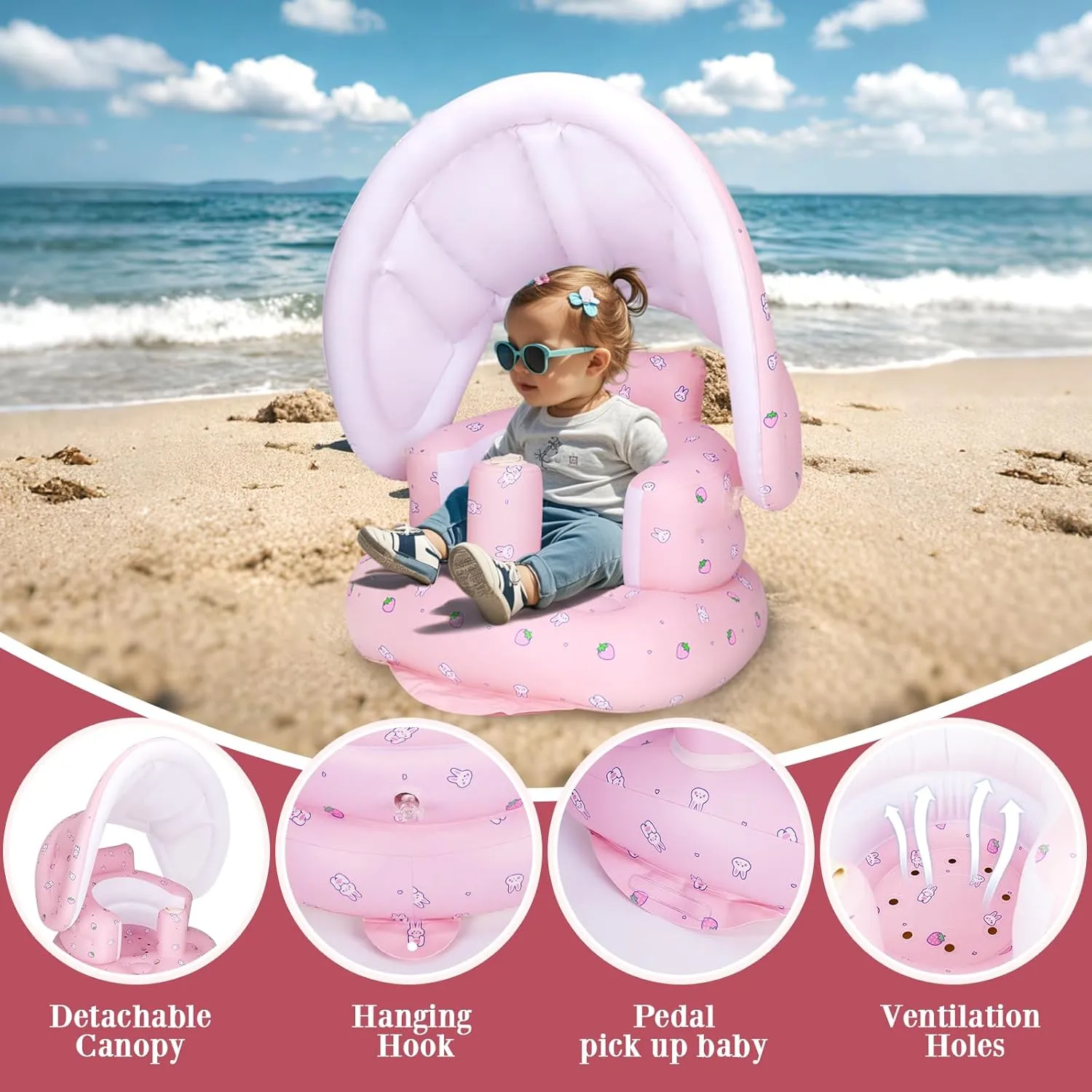 Inflatable Baby Seat with Detachable Canopy and Built-in Pump, Inflatable Baby Chair for Babies 3 Months and Up, Sit Me Up Chair for Outdoor Indoor, Bumbo Seat for Infants, Strawberry