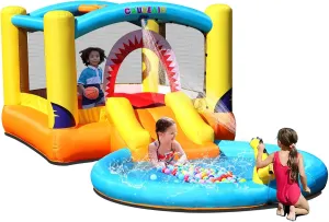 Inflatable Bounce House with Ball Pit & Water Slide,Wet & Dry Use,Water Spray Gun,Basketball Hoop,Bouncy House for Little Kids