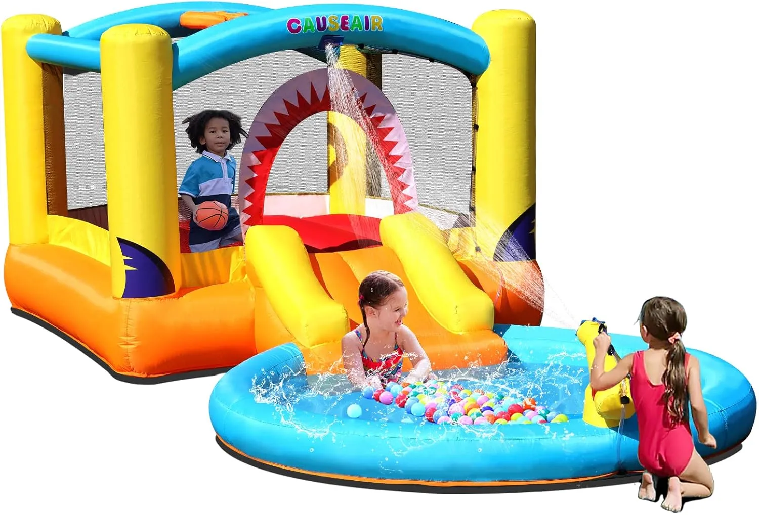 Inflatable Bounce House with Ball Pit & Water Slide,Wet & Dry Use,Water Spray Gun,Basketball Hoop,Bouncy House for Little Kids