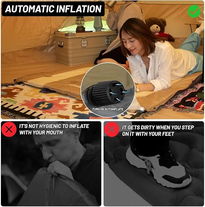 Inflatable Camping Sleeping Mat Compact Camping Pad for Backpacking Hiking Lightweight Sleep Pad Camping Air Mattress 2 Person with Pillow Foam Sleeping Mat