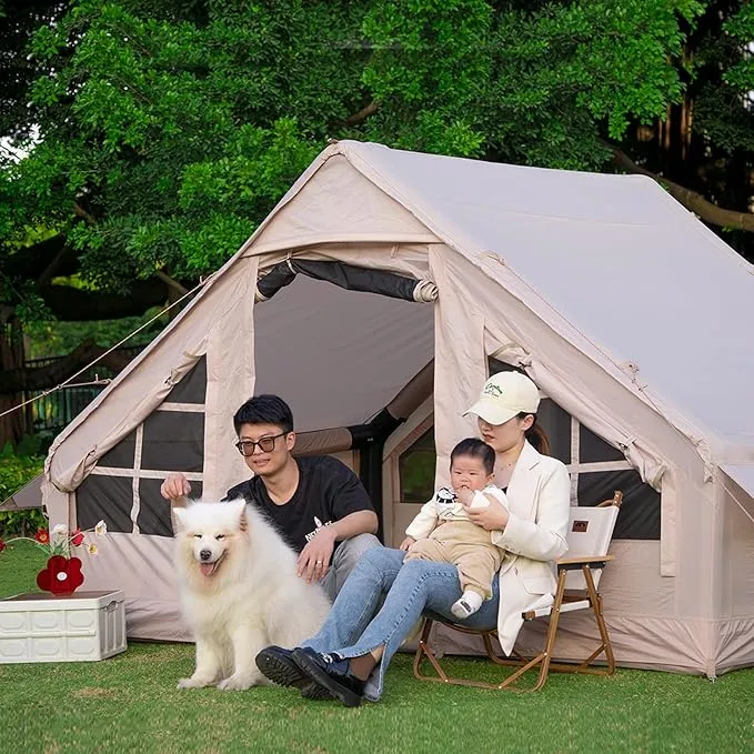 Inflatable Camping Tent with Waterproof Canopy, Cabin Tent, 4-6 Person Glamping Tents Sun Shelter,Easy Setup Outdoor Oxford Tents, Inflatable House Tent with Mosquito Screen,4 Season Air Tent