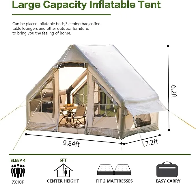 Inflatable Camping Tent with Waterproof Canopy, Cabin Tent, 4-6 Person Glamping Tents Sun Shelter,Easy Setup Outdoor Oxford Tents, Inflatable House Tent with Mosquito Screen,4 Season Air Tent