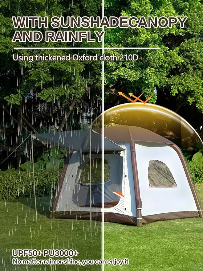Inflatable Camping Tent with Waterproof Canopy, Cabin Tent, 4-6 Person Glamping Tents Sun Shelter,Easy Setup Outdoor Oxford Tents, Inflatable House Tent with Mosquito Screen,4 Season Air Tent