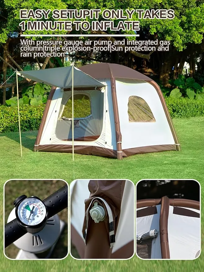 Inflatable Camping Tent with Waterproof Canopy, Cabin Tent, 4-6 Person Glamping Tents Sun Shelter,Easy Setup Outdoor Oxford Tents, Inflatable House Tent with Mosquito Screen,4 Season Air Tent