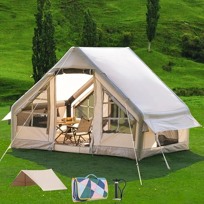 Inflatable Camping Tent with Waterproof Canopy, Cabin Tent, 4-6 Person Glamping Tents Sun Shelter,Easy Setup Outdoor Oxford Tents, Inflatable House Tent with Mosquito Screen,4 Season Air Tent