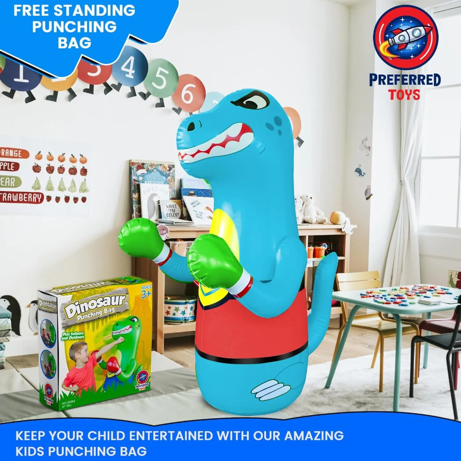 Inflatable Dinosaur Punching Bag for Kids – Bop Bag for Toddlers and Children Ages 3-14 – 47" Blow Up Toy with Bounce-Back Action – Fill Base with Sand or Water