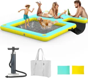 Inflatable Dock Floating Platform, 8FT x 6FT Inflatable Water Hammock w/Ladder, Thickened Dog Pool Ramp, Non-Slip Water Ramp Mat Floating Pool Float Island Raft Lounger for Lakes, Beach, Pools