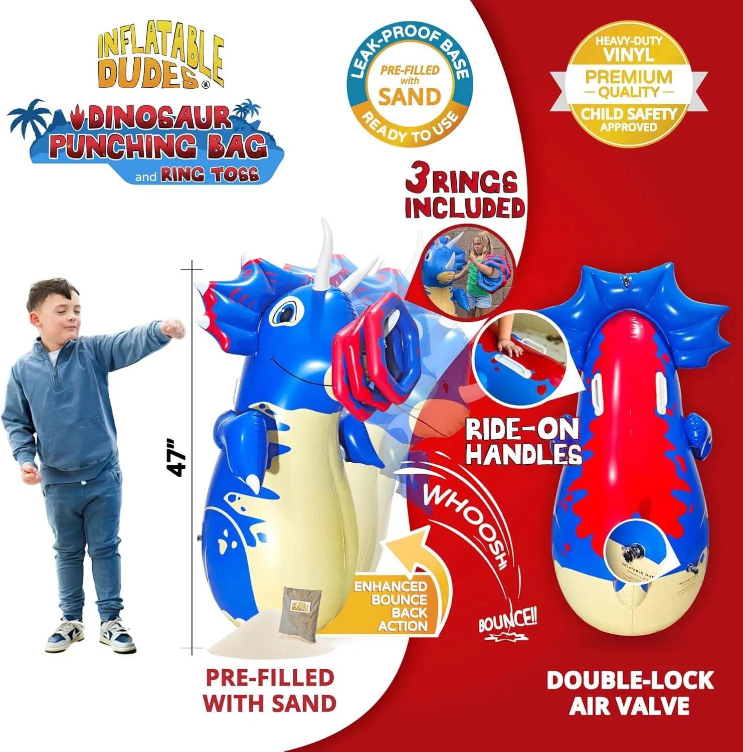 INFLATABLE DUDES Dinosaur -Kids Punching Bag | Already Filled with Sand| Bop Bag | Premium Inflatable Toy | Punching Bag for Kids | Enhanced Bounce-Back Action! | Indoor Outdoor - Party Games