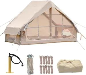 Inflatable Glamping Tent with Pump, 4-6 Person Waterproof Air Tent for Camping, 4-Season Easy Setup Outdoor Pavilion with 12 Mesh Windows, Family Cabin Canvas for Backyard & Travel