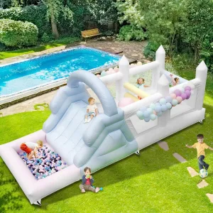Inflatable Obstacle Course Bounce House for Kids Adults,24FT PVC Commercial Bounce House with Slide Macaron,Wet&Dry Large Pool,2 Funny Tunnel,Climbing,1100w Blower,Large Bounce House for Big Kids 5-12