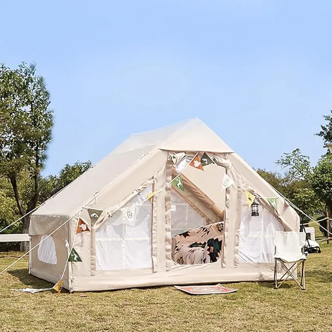Inflatable Tents for Camping, Blow Up Air Camping Tent with Pump for Adults, Easy Setup 4 Seasons Water Proof Outdoor Oxford Cabin Tent House with Mesh Windows & Doors for Friend/Family Travel