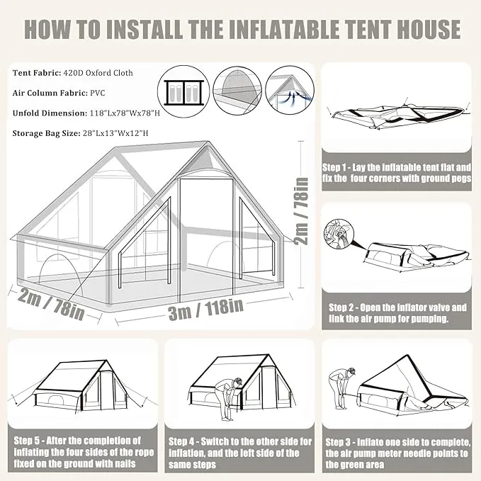 Inflatable Tents for Camping, Blow Up Air Camping Tent with Pump for Adults, Easy Setup 4 Seasons Water Proof Outdoor Oxford Cabin Tent House with Mesh Windows & Doors for Friend/Family Travel