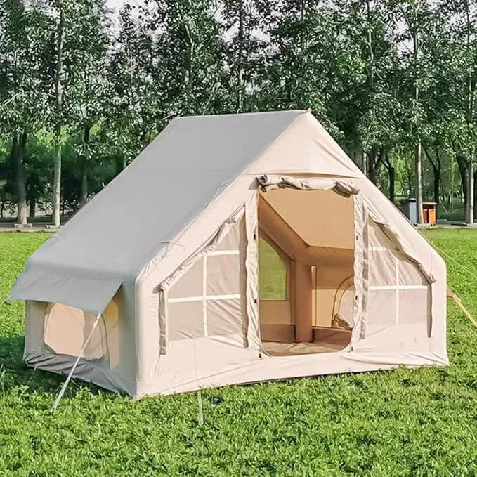 Inflatable Tents for Camping, Blow Up Air Camping Tent with Pump for Adults, Easy Setup 4 Seasons Water Proof Outdoor Oxford Cabin Tent House with Mesh Windows & Doors for Friend/Family Travel