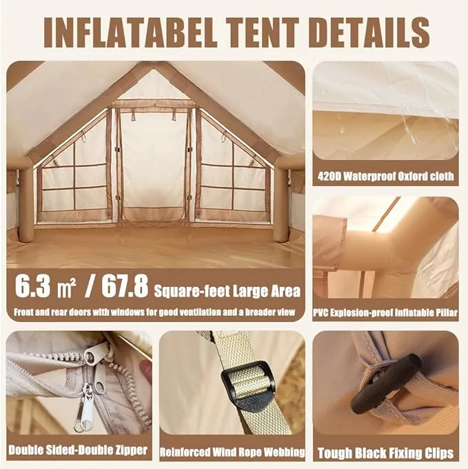Inflatable Tents for Camping, Blow Up Air Camping Tent with Pump for Adults, Easy Setup 4 Seasons Water Proof Outdoor Oxford Cabin Tent House with Mesh Windows & Doors for Friend/Family Travel
