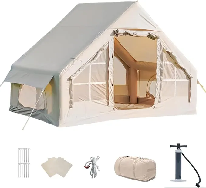 Inflatable Tents for Camping, Blow Up Air Camping Tent with Pump for Adults, Easy Setup 4 Seasons Water Proof Outdoor Oxford Cabin Tent House with Mesh Windows & Doors for Friend/Family Travel