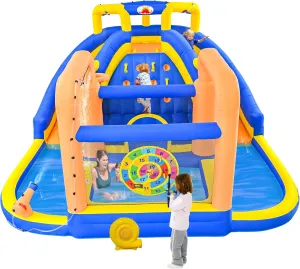 Inflatable Water Double Slides Park with Blower, Inflatable Bounce House with Climbing Wall, Water Cannon, Archery Dartboard Game, Water Curtain Sprayer and Deep Pool