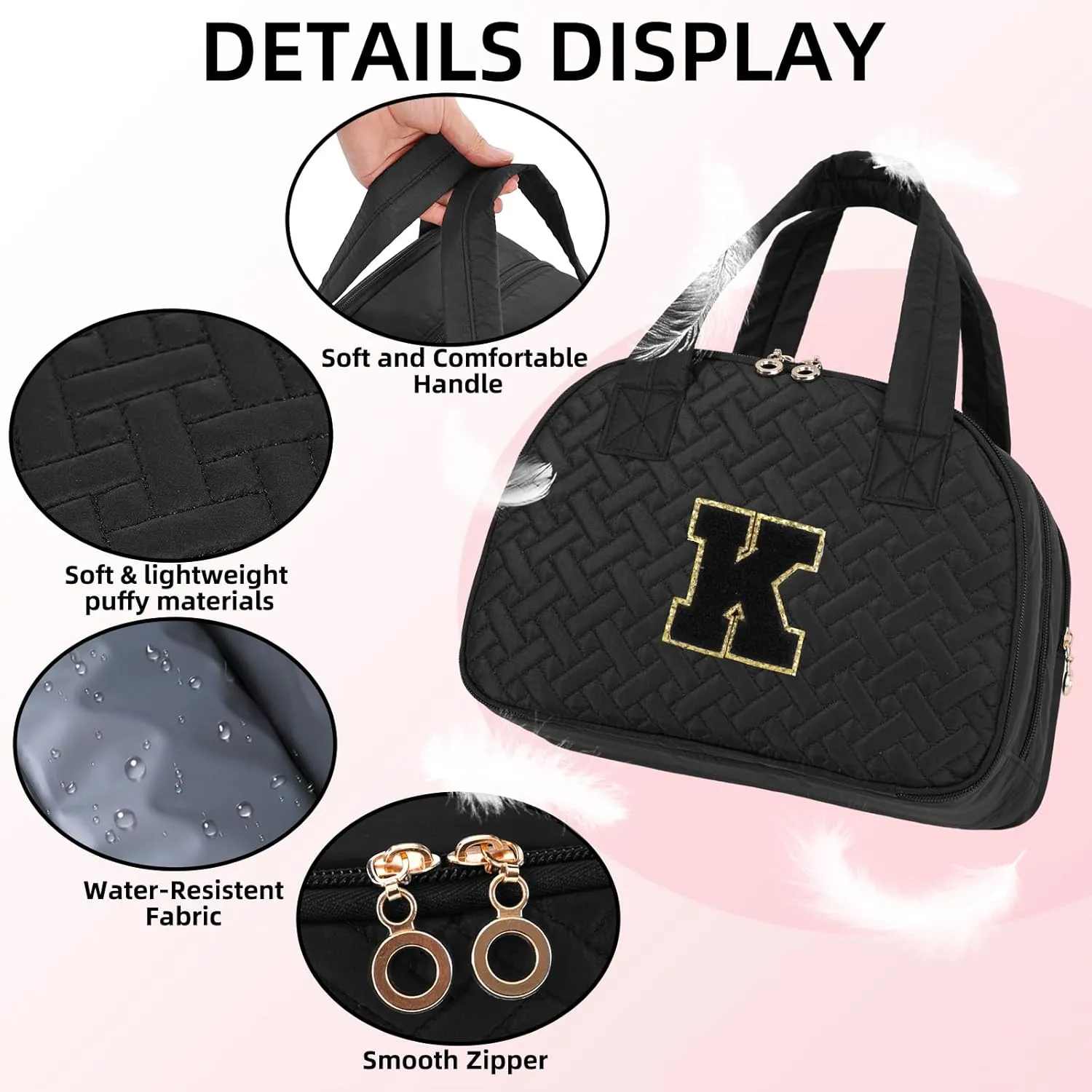 Initial Travel Toiletry Bag, Personalized Cosmetic Bags Birthday Gifts for Women, Makeup Bag Organizer with Handle, Travel Bag for Toiletries with Brush Holder (K, Black)