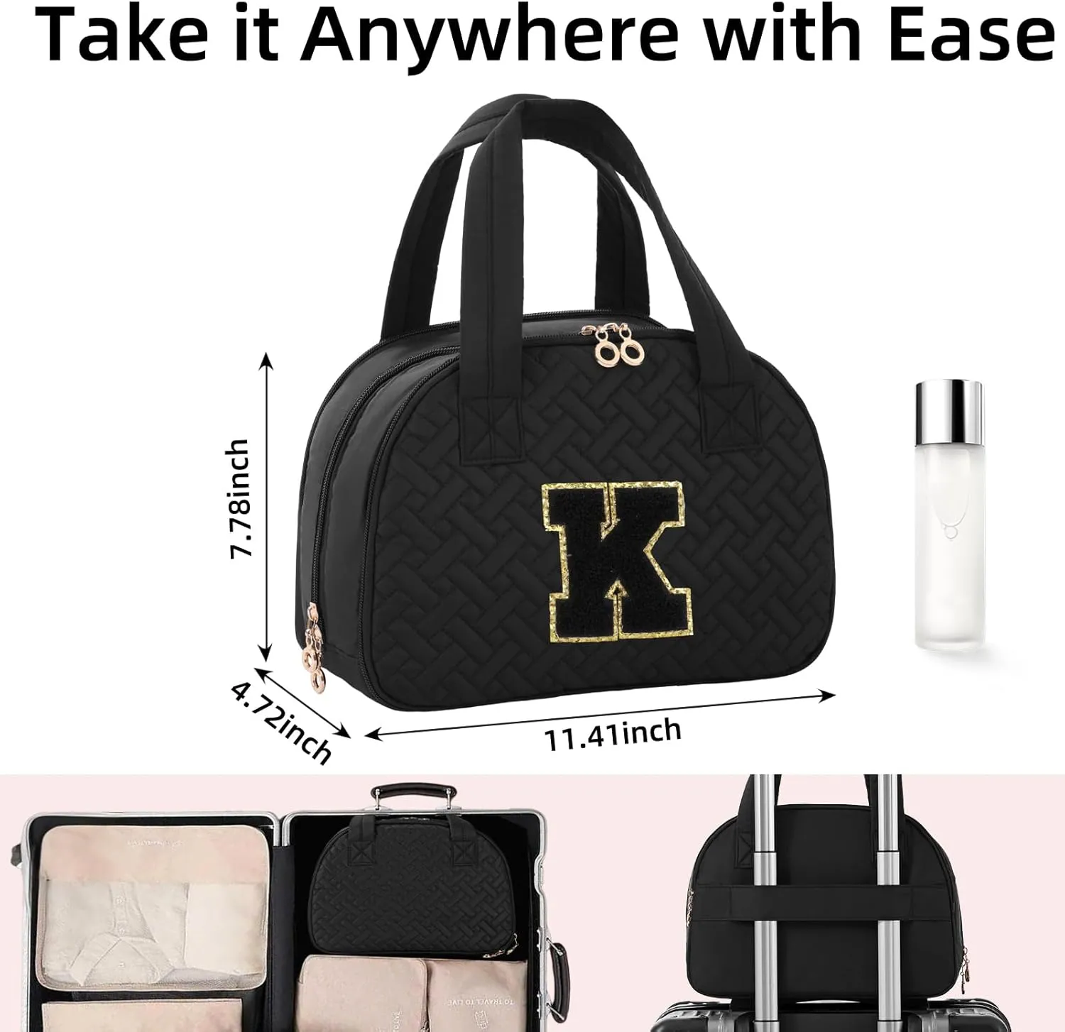 Initial Travel Toiletry Bag, Personalized Cosmetic Bags Birthday Gifts for Women, Makeup Bag Organizer with Handle, Travel Bag for Toiletries with Brush Holder (K, Black)