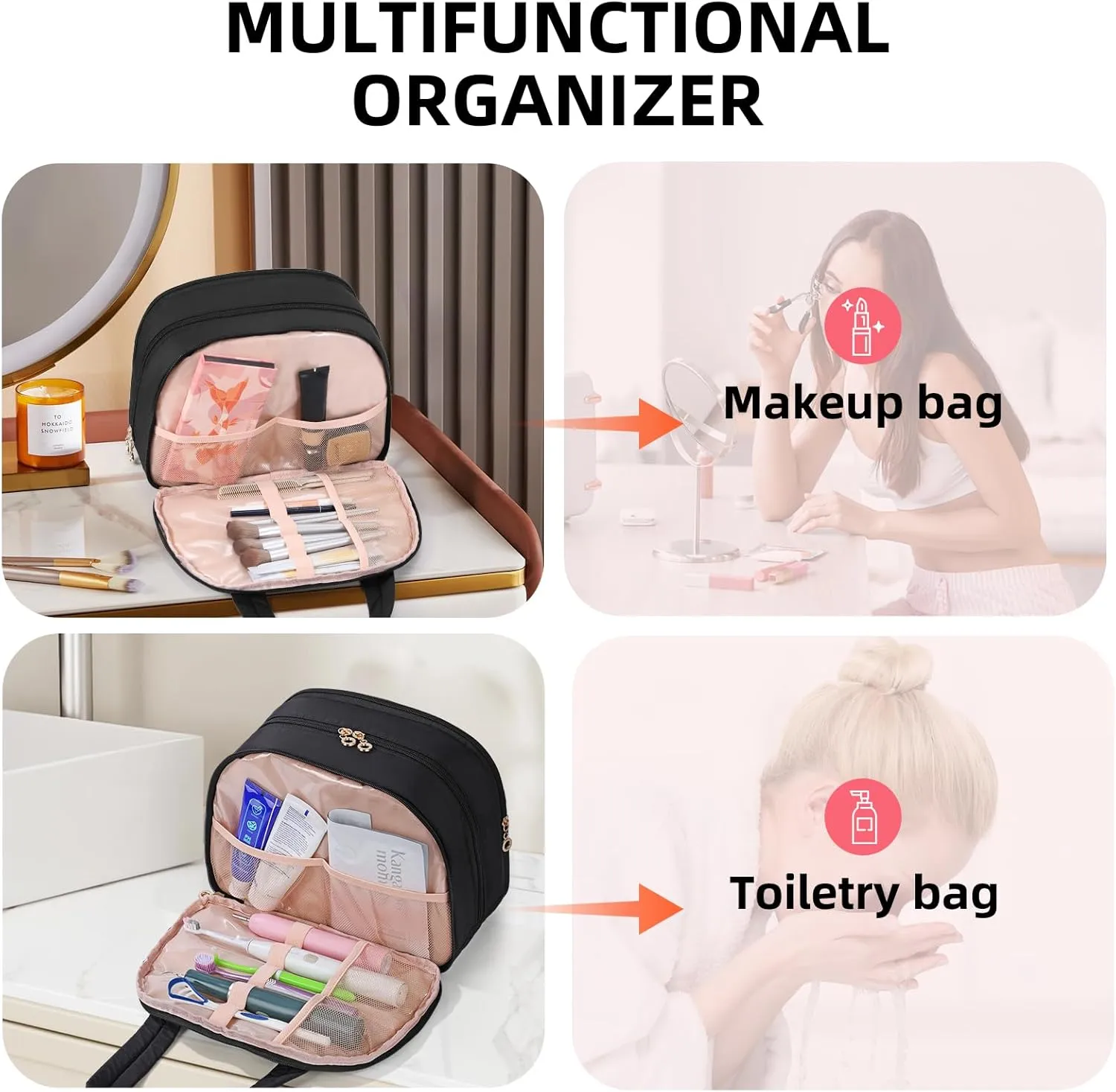 Initial Travel Toiletry Bag, Personalized Cosmetic Bags Birthday Gifts for Women, Makeup Bag Organizer with Handle, Travel Bag for Toiletries with Brush Holder (K, Black)