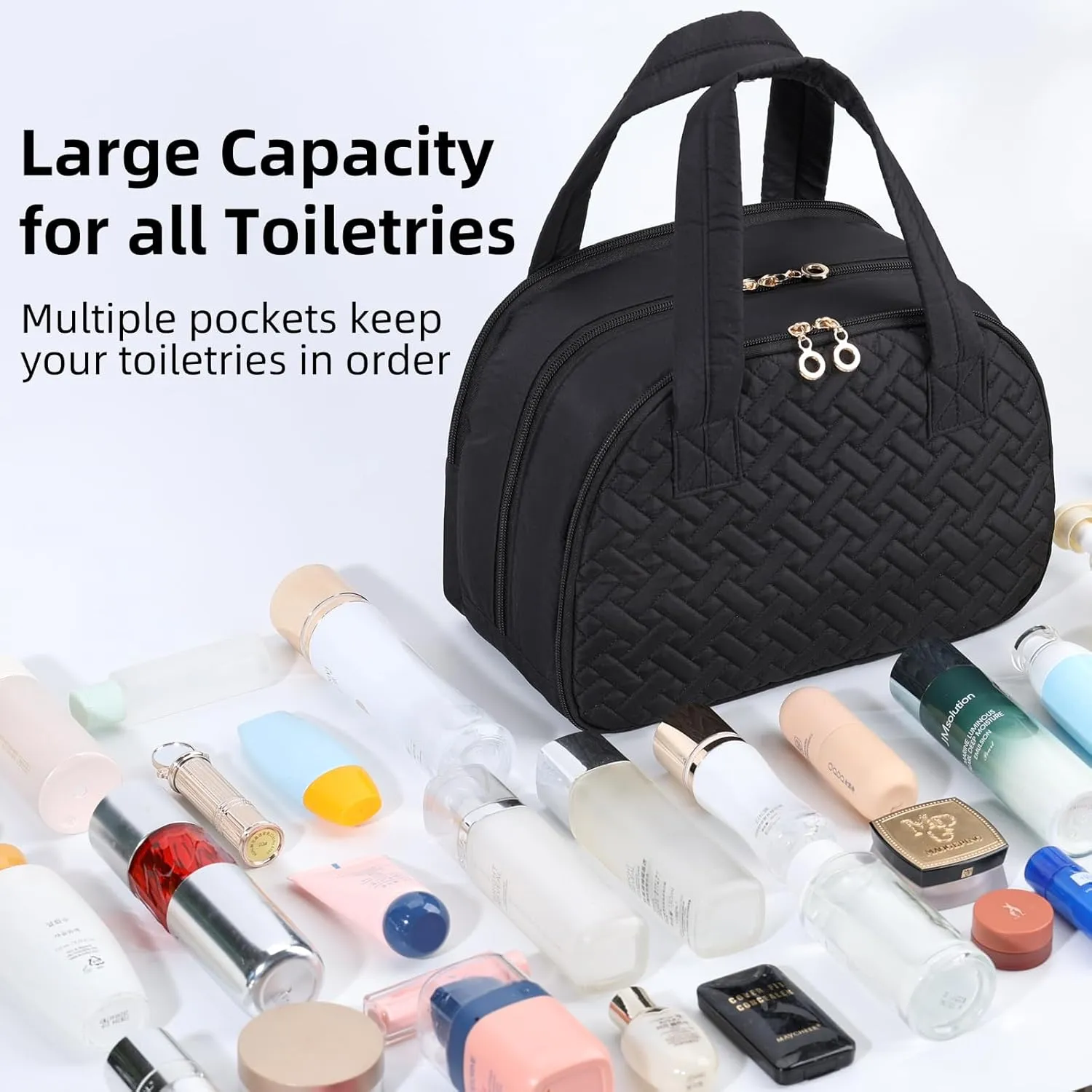 Initial Travel Toiletry Bag, Personalized Cosmetic Bags Birthday Gifts for Women, Makeup Bag Organizer with Handle, Travel Bag for Toiletries with Brush Holder (K, Black)