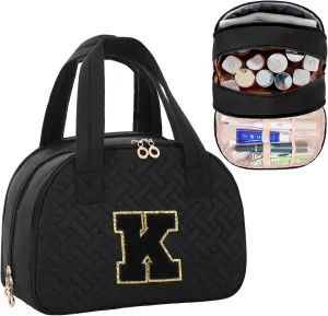 Initial Travel Toiletry Bag, Personalized Cosmetic Bags Birthday Gifts for Women, Makeup Bag Organizer with Handle, Travel Bag for Toiletries with Brush Holder (K, Black)