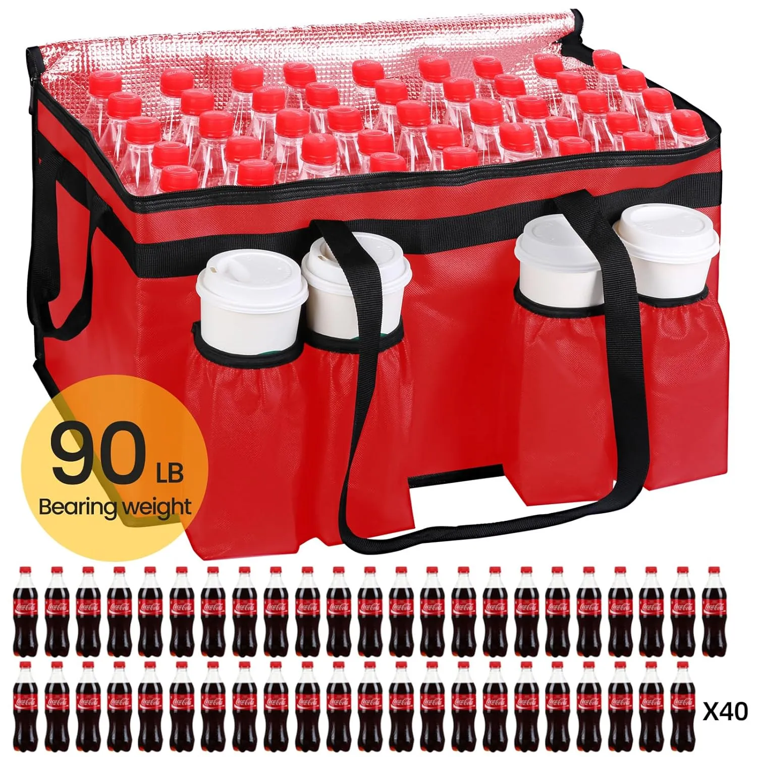 Insulated Food Delivery Bag with Cup Holders/Drink Carriers Premium XXL, Great for Beverages, Grocery, Pizza, Commercial Quality Hot and Cold Insulated Catering Bag 22x14x13 for doordash