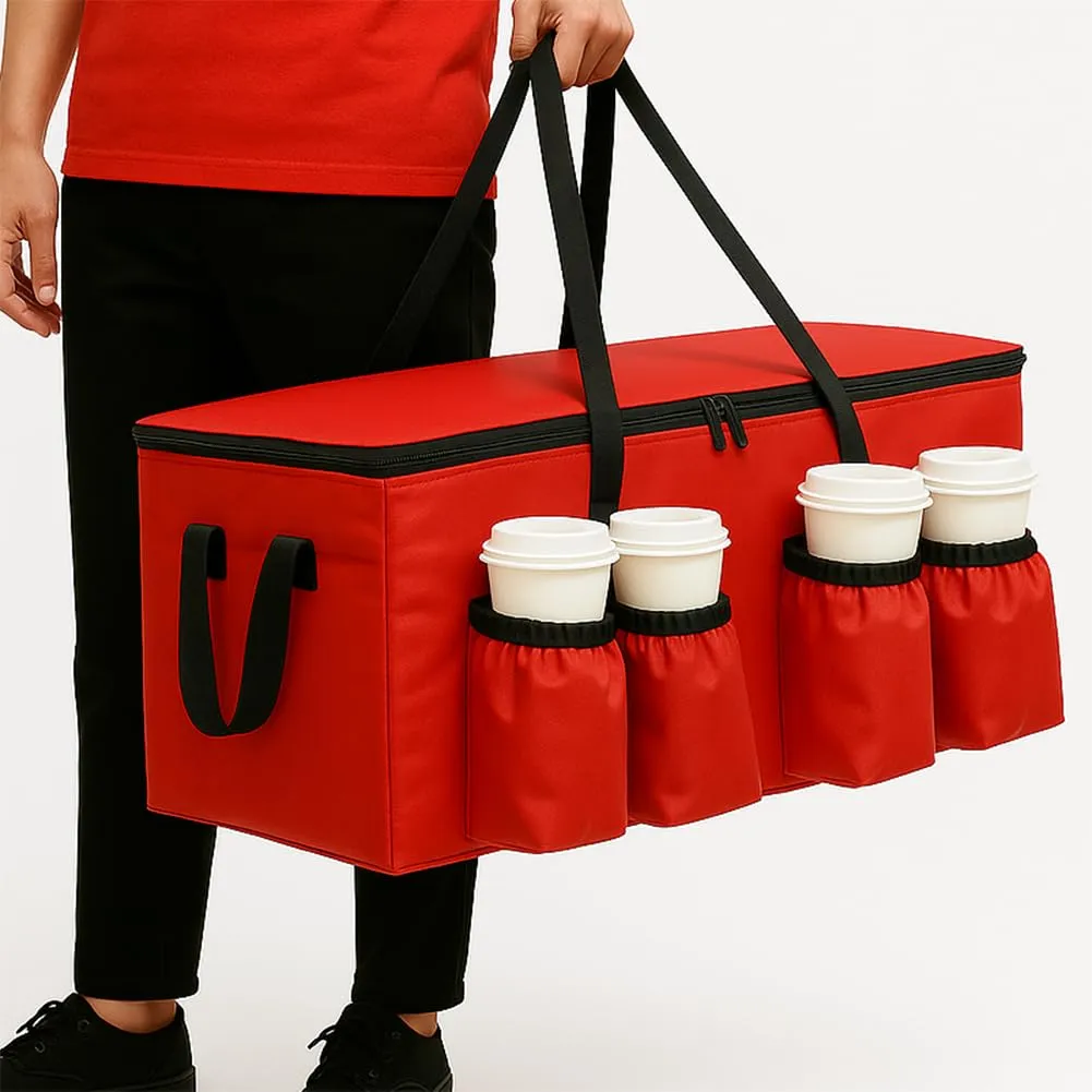 Insulated Food Delivery Bag with Cup Holders/Drink Carriers Premium XXL, Great for Beverages, Grocery, Pizza, Commercial Quality Hot and Cold Insulated Catering Bag 22x14x13 for doordash