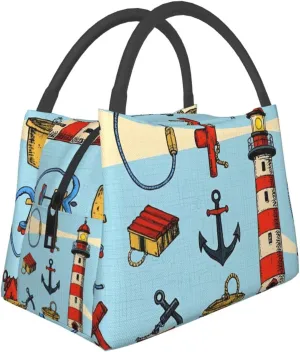 Insulated Lunch Bag for Men Women, Reusable Large Capacity Lunch Box, Leakproof Thermal Meal Cooler Handbags Tote Bag for Office Work Picnic, Ocean Lighthouse Anchor